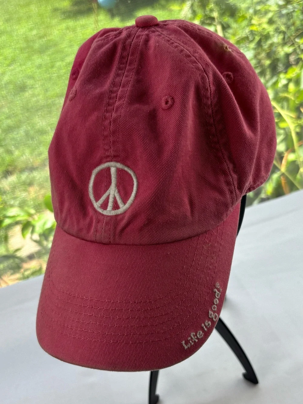 Life Is Good Washed Rose / Pink Baseball Hat White Peace Sign Cap 100% Cotton